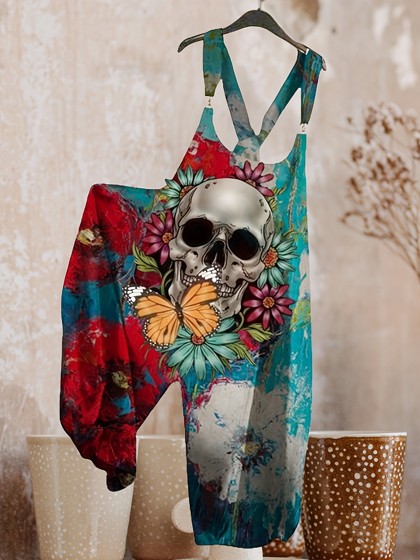 Women's Punk Skull & Floral Print Sleeveless Jumpsuit - Gothic Loose-Fit Overalls for Casual or Party Wear, Vibrant Red & Blue Design with Butterfly Accents