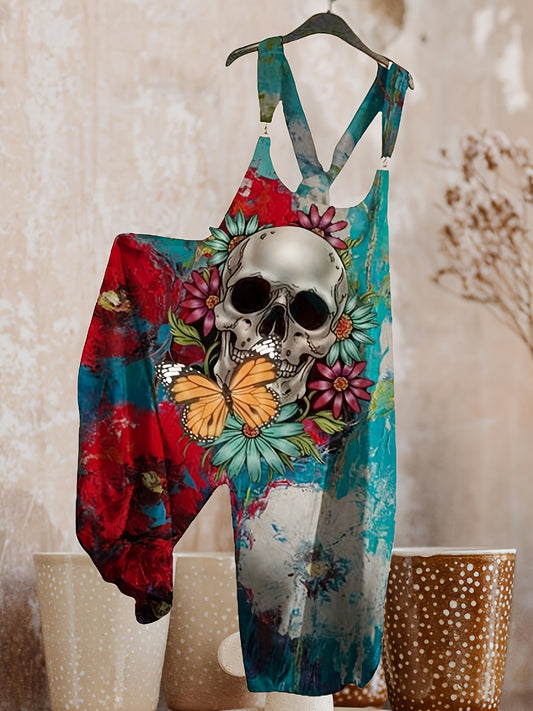 Women's Punk Skull & Floral Print Sleeveless Jumpsuit - Gothic Loose-Fit Overalls for Casual or Party Wear, Vibrant Red & Blue Design with Butterfly Accents