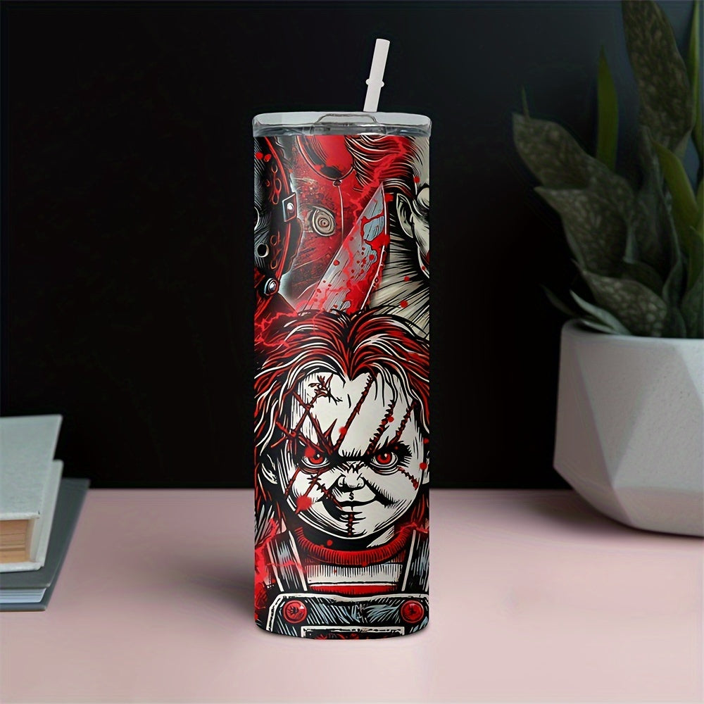 20oz Stainless Steel Tumbler with Horror Movie Characters, Insulated Travel Mug for Coffee, Beer, Drinks - Leakproof, Rust Resistant with Straw, Ideal for Halloween Party Gift - No Assembly Needed