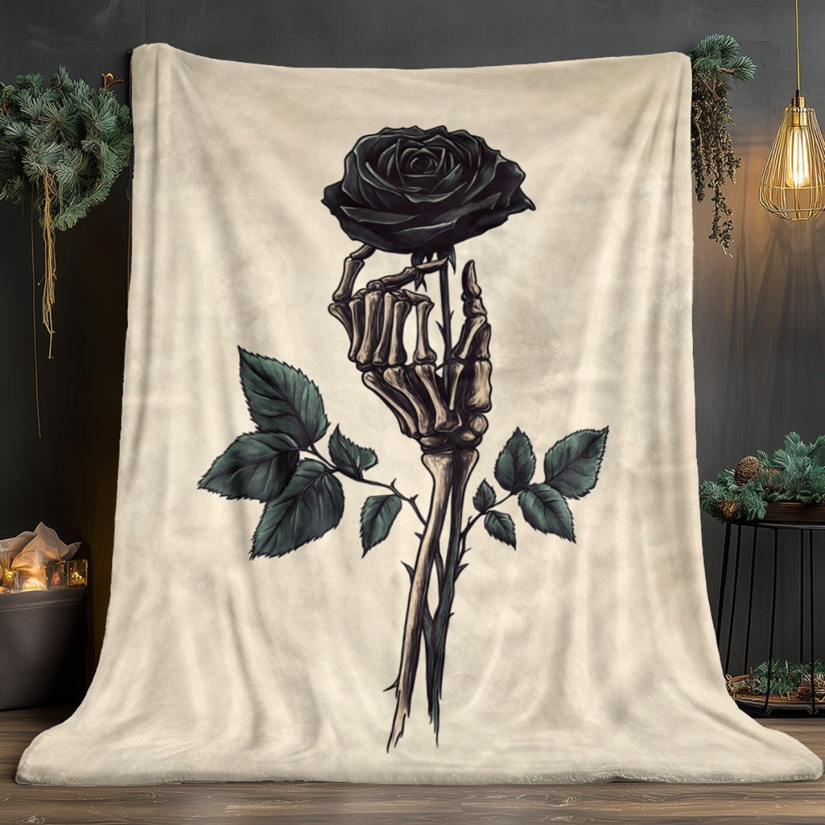 [Gothic Skeleton Throw Blanket] 1pc Gothic Skeleton Hand & Black Rose Throw Blanket - Soft Lightweight Flannel, Beige & Dark Decor for Living Room, Bedroom, Travel - Spooky Halloween Wedding Birthday Gift for Adults - All-Sea