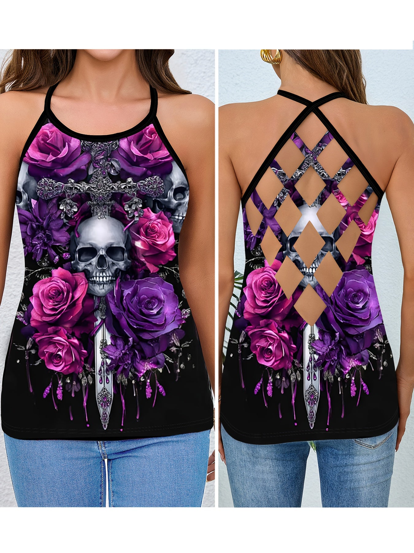 [Halloween] Women's Gothic Crossed Skull & Roses Backless T-Shirt - Edgy Halloween Party Top with Crisscross Strap, Non-See-Through Fabric for Costume Events, Everyday Gothic Outfits - Year-Round Dark Aesthetic Tee, Goth T Sh