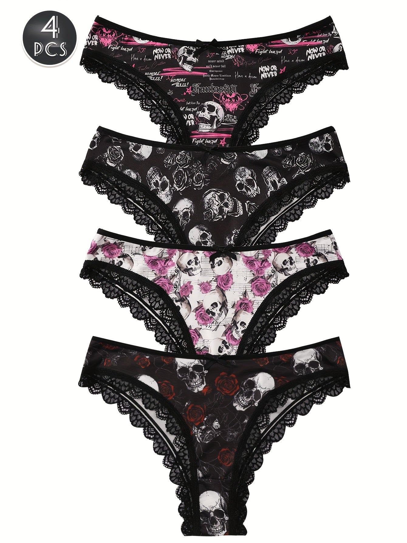 4pcs Women's Gothic Portraits Skeleton decorations & Ghost Costumes Print Panties,Halloween decor,Breathable High Elasticity Underwear, Sexy Ladies Lingerie Set, Halloween Gift Ideas.