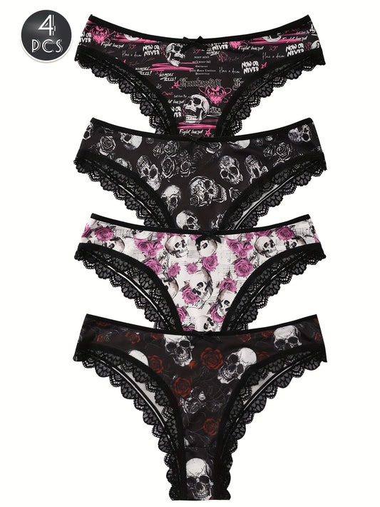 4pcs Women's Gothic Portraits Skeleton decorations & Ghost Costumes Print Panties,Halloween decor,Breathable High Elasticity Underwear, Sexy Ladies Lingerie Set, Halloween Gift Ideas.