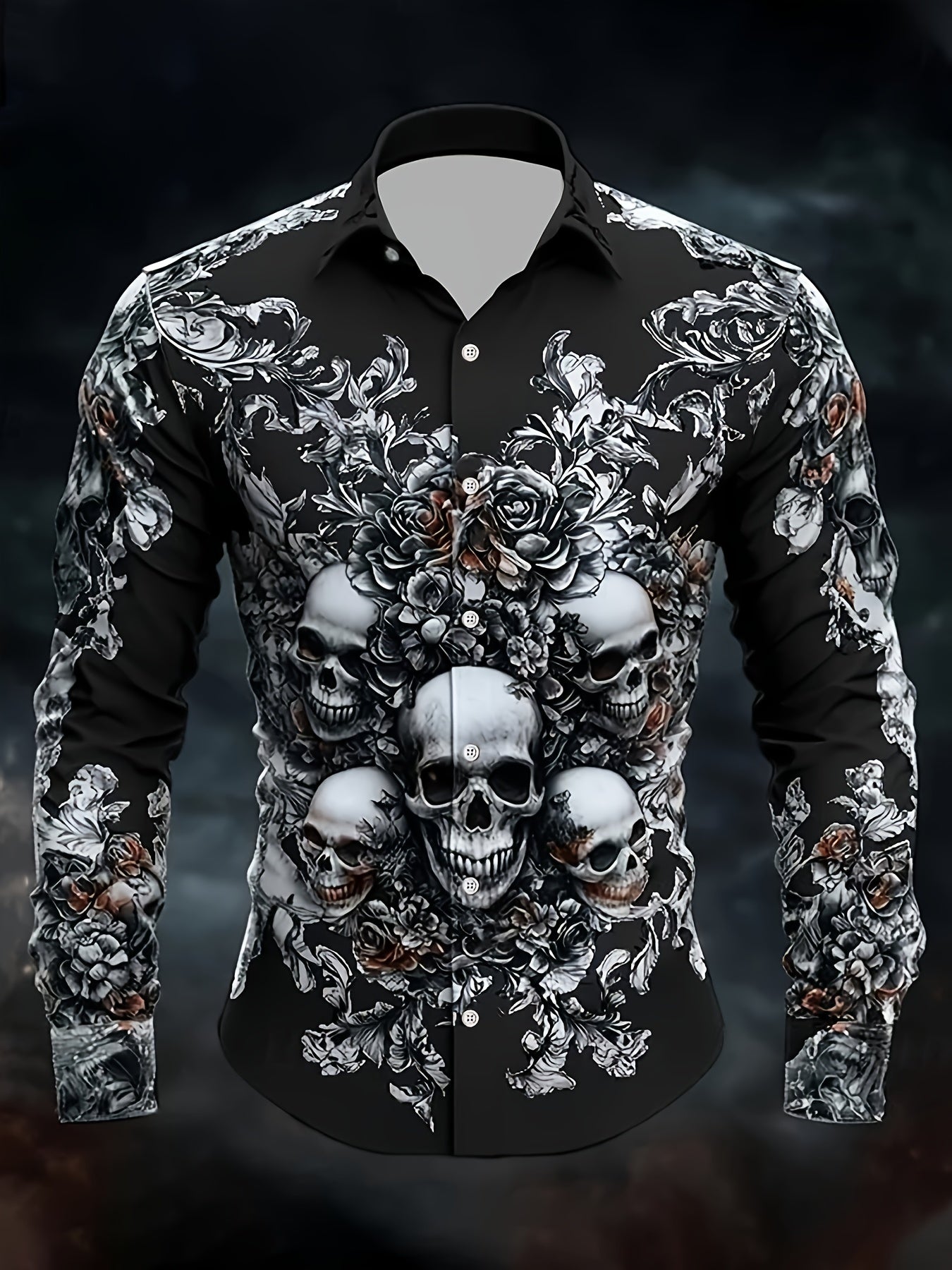 Men's Gothic Skull & Bat Wing Print Long Sleeve Shirt - Dark Blue & Black Gothic Style with White Collar & Button Front Closure, Machine Washable Durable Fabric for Halloween, Themed Parties & Casual Attire - Adult Men's Form