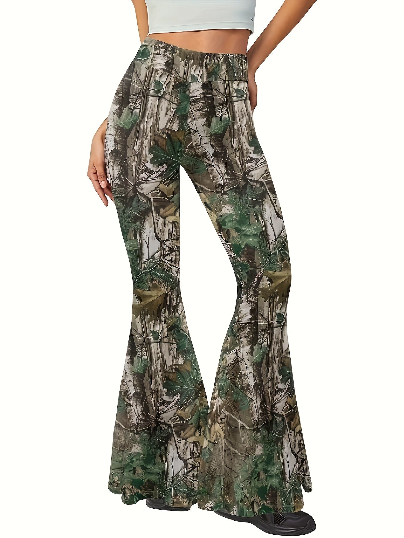 Women'S Elegant Jungle Camouflage Flare Leg Pants, 100% Polyester Knit Fabric, Medium Stretch, All-Season, 200g/m² Weight, Random Print Design