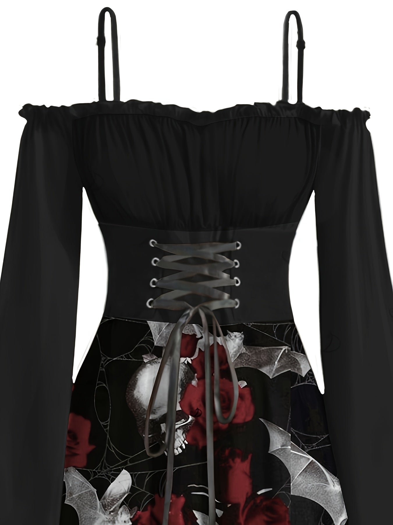 Women's Gothic Victorian-Inspired Sunflower & Skull Print Maxi Dress - Lace-Up Front with Ruffled Off-Shoulder Spaghetti Strap, Asymmetrical Hem & Bell Sleeves, Machine Washable A-Line Silhouette for Halloween, Themed Parties