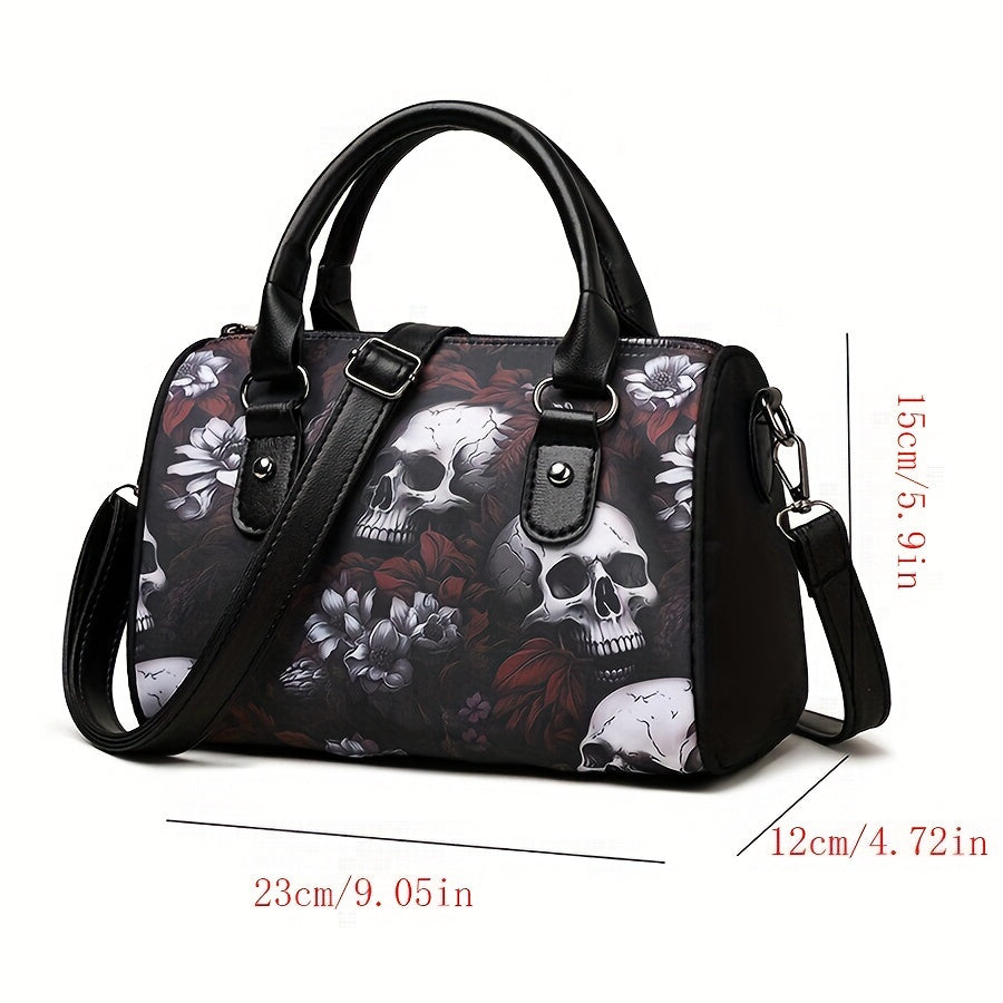 Skull Flower Pattern Handbag, Gothic Boston Shoulder Bag, Halloween Crossbody Bag For Women
