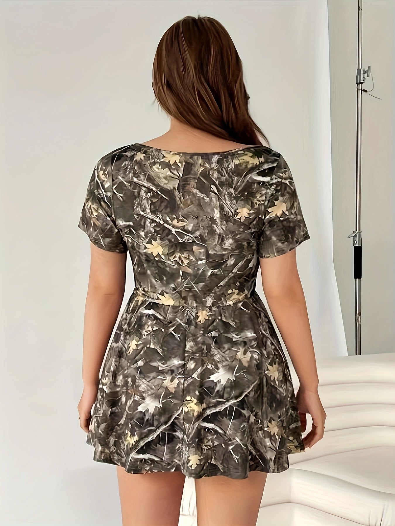 Elegant Plus Size Fit and Flare Dress with Pockets, Anti-Exposure, Boat Collar, Slight Stretch, Camouflage Print, Perfect for Spring/Summer/Fall, Casual Summer Dress | Camouflage Dress | Polyester Fabric