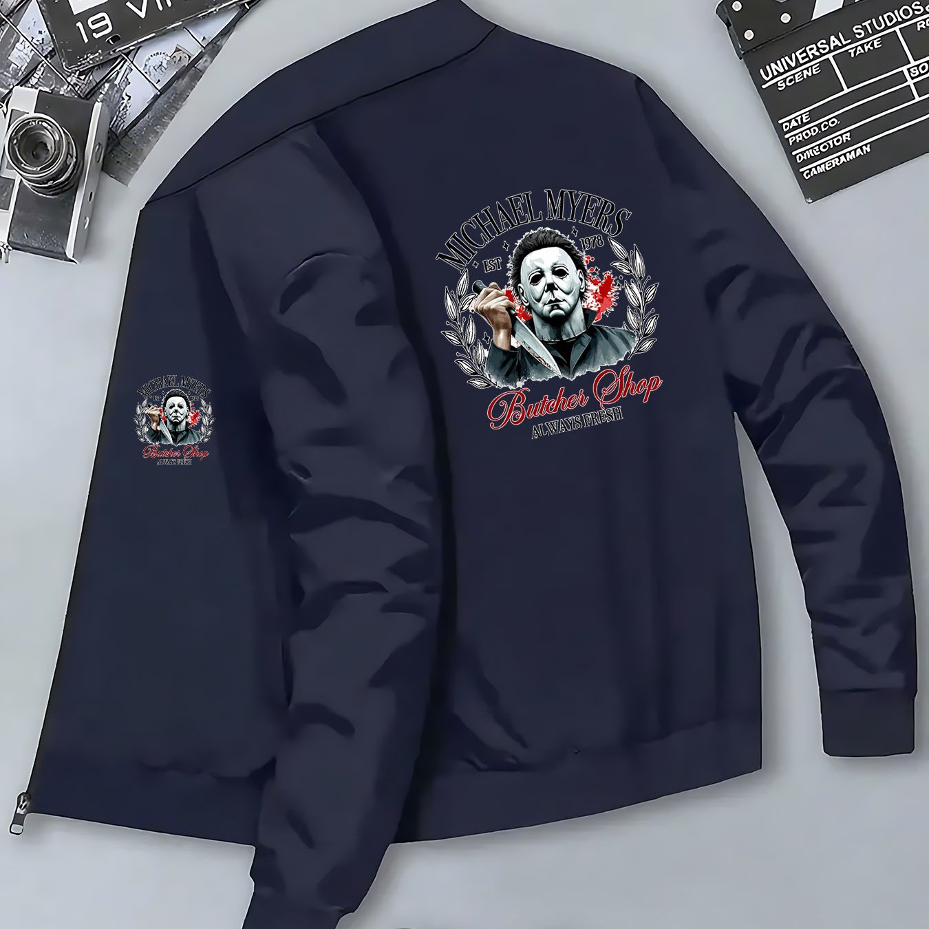 Men's Michael Myers Halloween Horror Graphic Bomber Jacket - Slim-Fit Zipper Closure, Stand Collar & Butcher Shop Print - Casual Winter Coat for Themed Events & Casual Attire (Machine Washable), Streetwear Fashion, Trendy Out