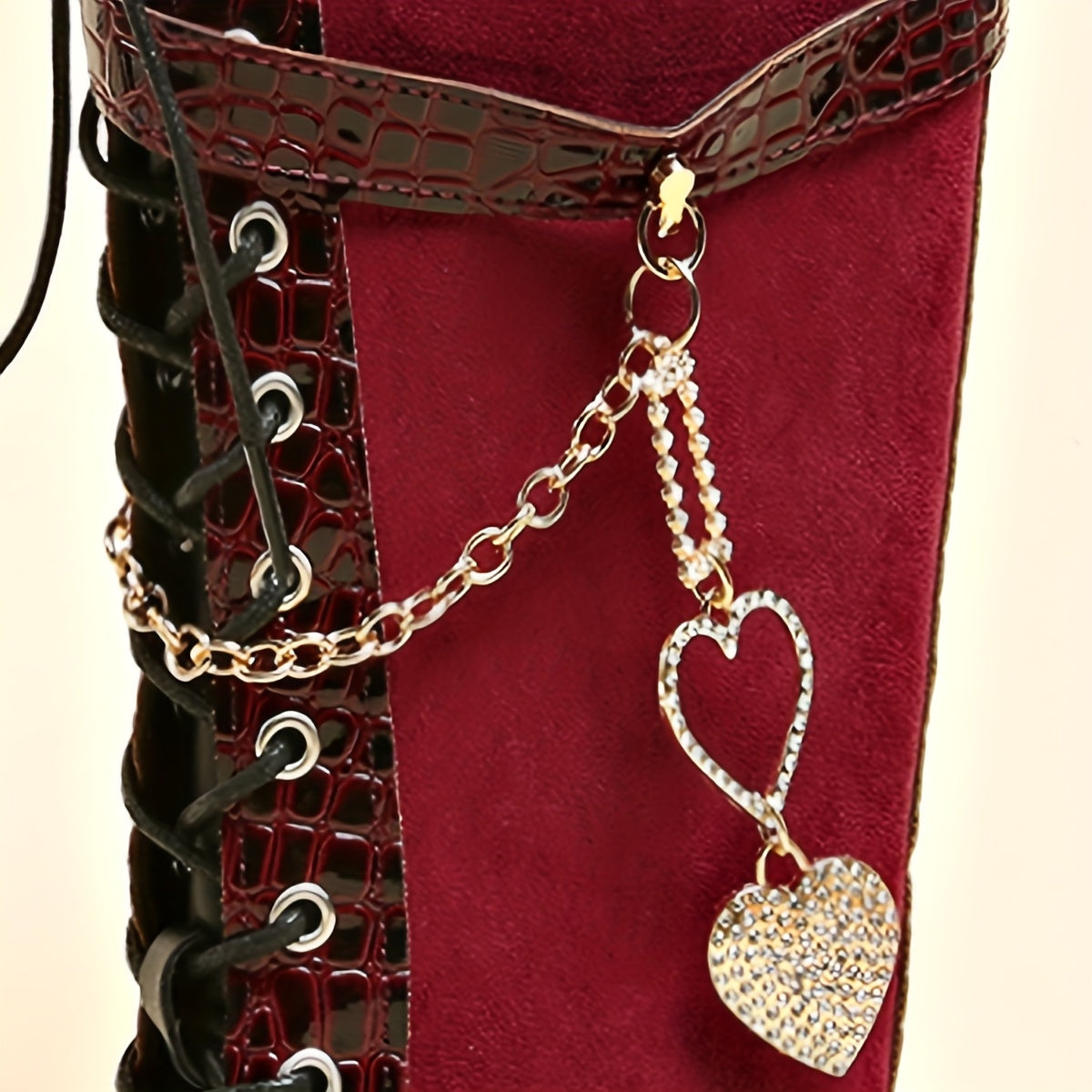 Women's Winter New Solid Color Patchwork Lace-Up Heart Metal Chain Side Zipper Chunky Heel Knee-High Boots, Fashionable Versatile Casual High-Heeled Ankle Boot