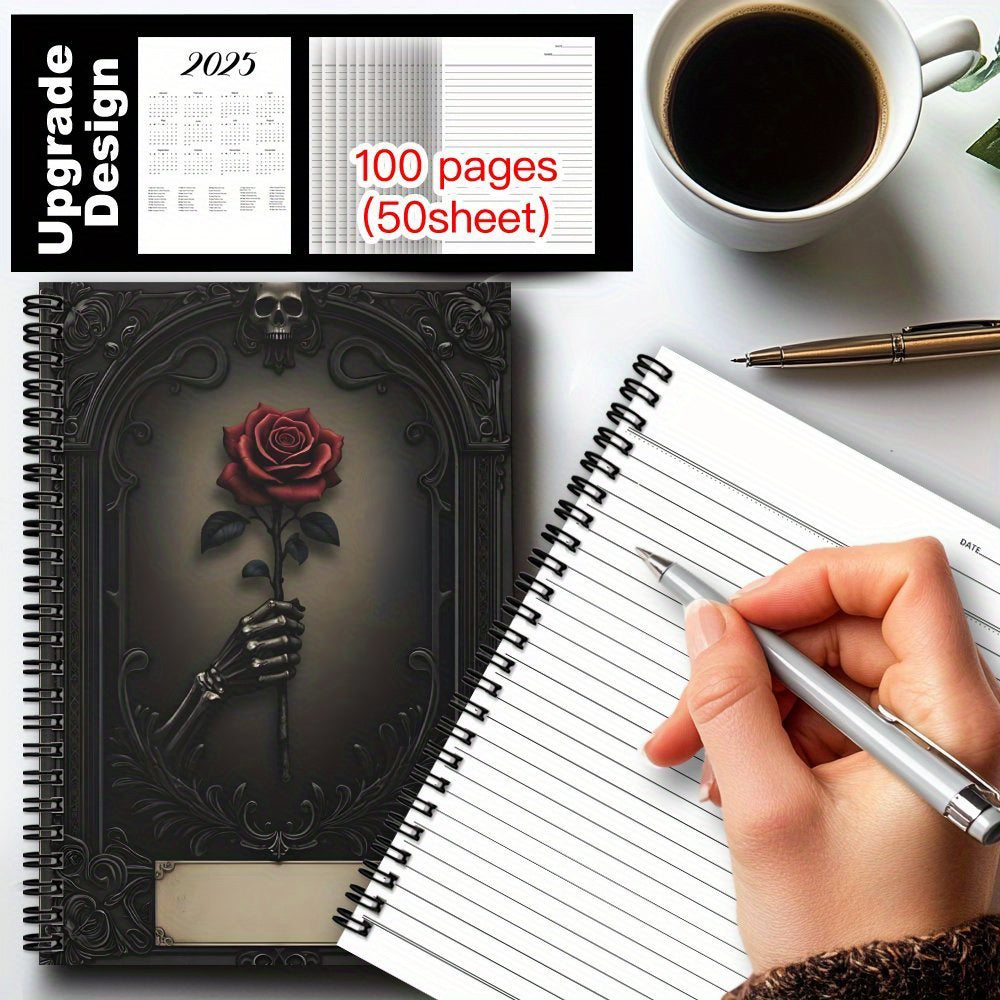 1pc Gothic Spiral Notebook Journal - Mystical Rose & Skull Design, Black with Golden Accents, 100 Pages, Perfect for Daily Writing, Travel, Office, or Gift for Teen Girls, Gothic Journaling | Skull Rose Design | Durable Spira