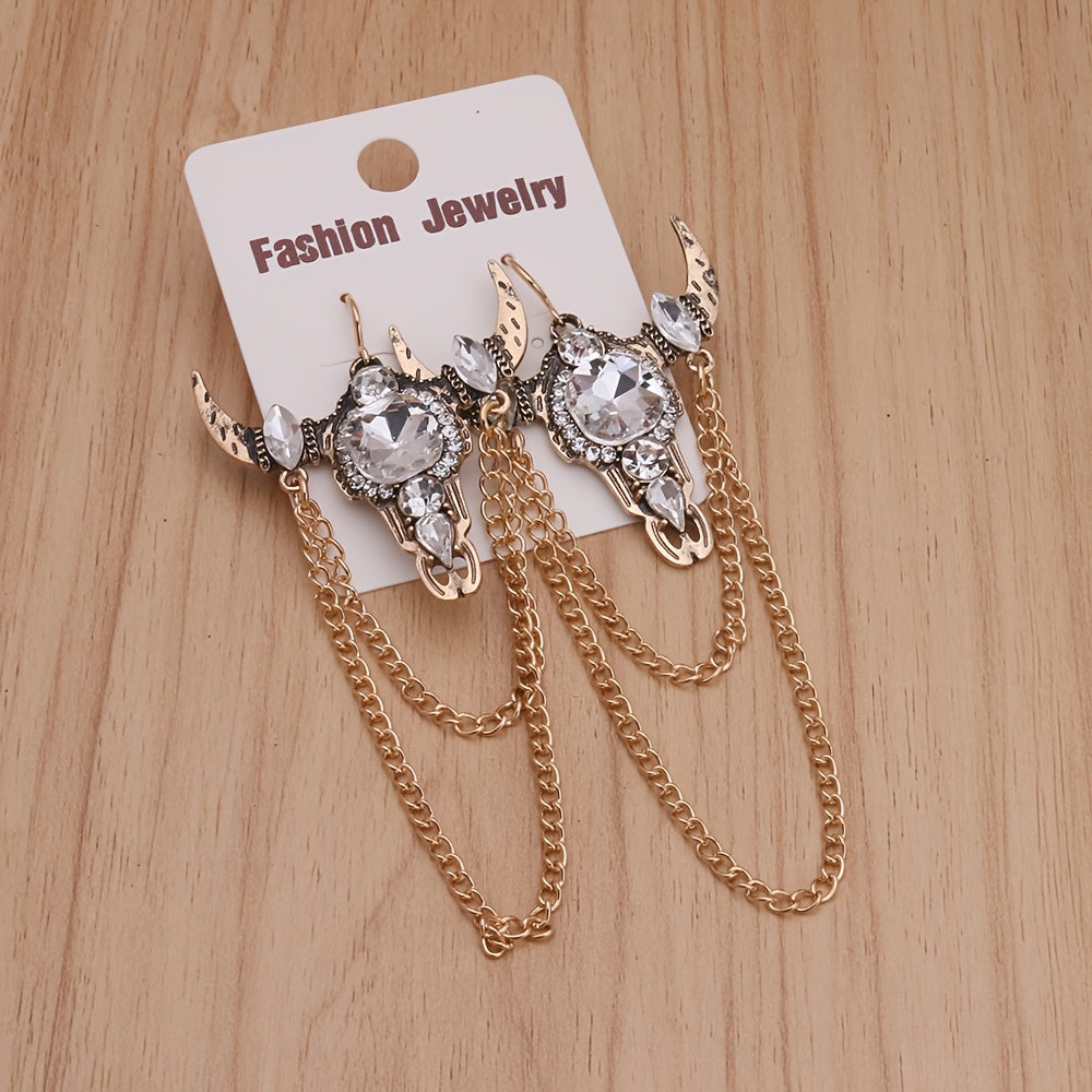 Gothic Western Vintage Tassel Rhinestone Bull Head Long Earrings for Women's Party Casual Fashion Jewelry