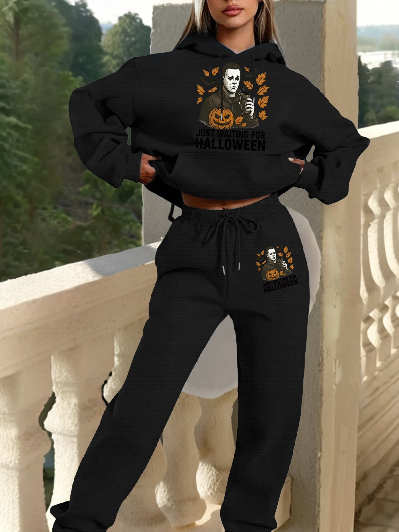 2025 Autumn Winter New Arrival, Halloween Horror Pattern Hoodie and Sweatpants Set, Casual Style, with Pockets, for Women, Fall/Winter Collection, Halloween Costume|Casual Style Hoodie|Pocketed Hoodie, Halloween Costume Set,