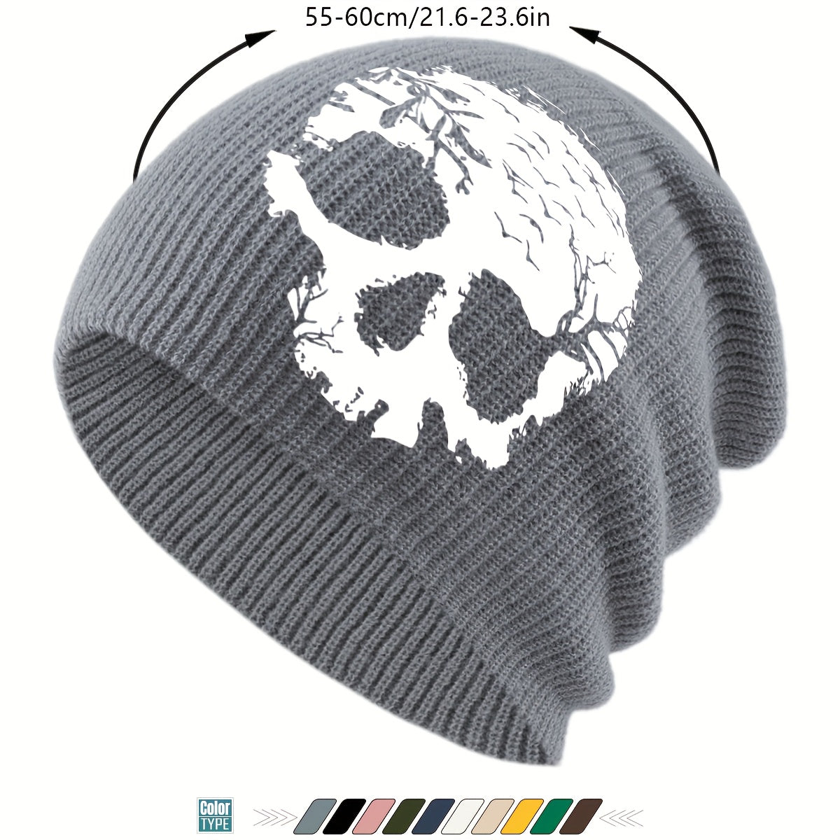 1pc Gothic Skull Print Beanie Hat - Soft Stretchy Winter Skull Cap with Elastic Band, Lightweight Warm Unisex Beanie for Men & Women, Gothic Style for Halloween, Christmas, Casual Attire - Black, Grey, Yellow, Pink, White & M