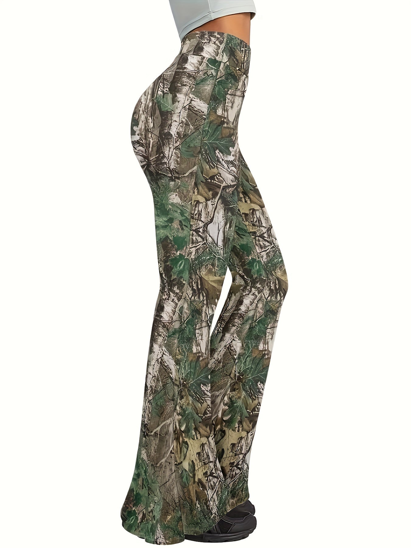 Women'S Elegant Jungle Camouflage Flare Leg Pants, 100% Polyester Knit Fabric, Medium Stretch, All-Season, 200g/m² Weight, Random Print Design