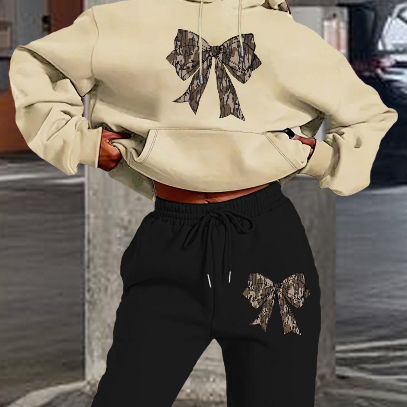 2024 Women's Navy Blue Hoodie & Jogger Set with Camo Bow Detail - Casual Long Sleeve, 100% Polyester Outfit, Machine Washable, Perfect for Fall/Winter