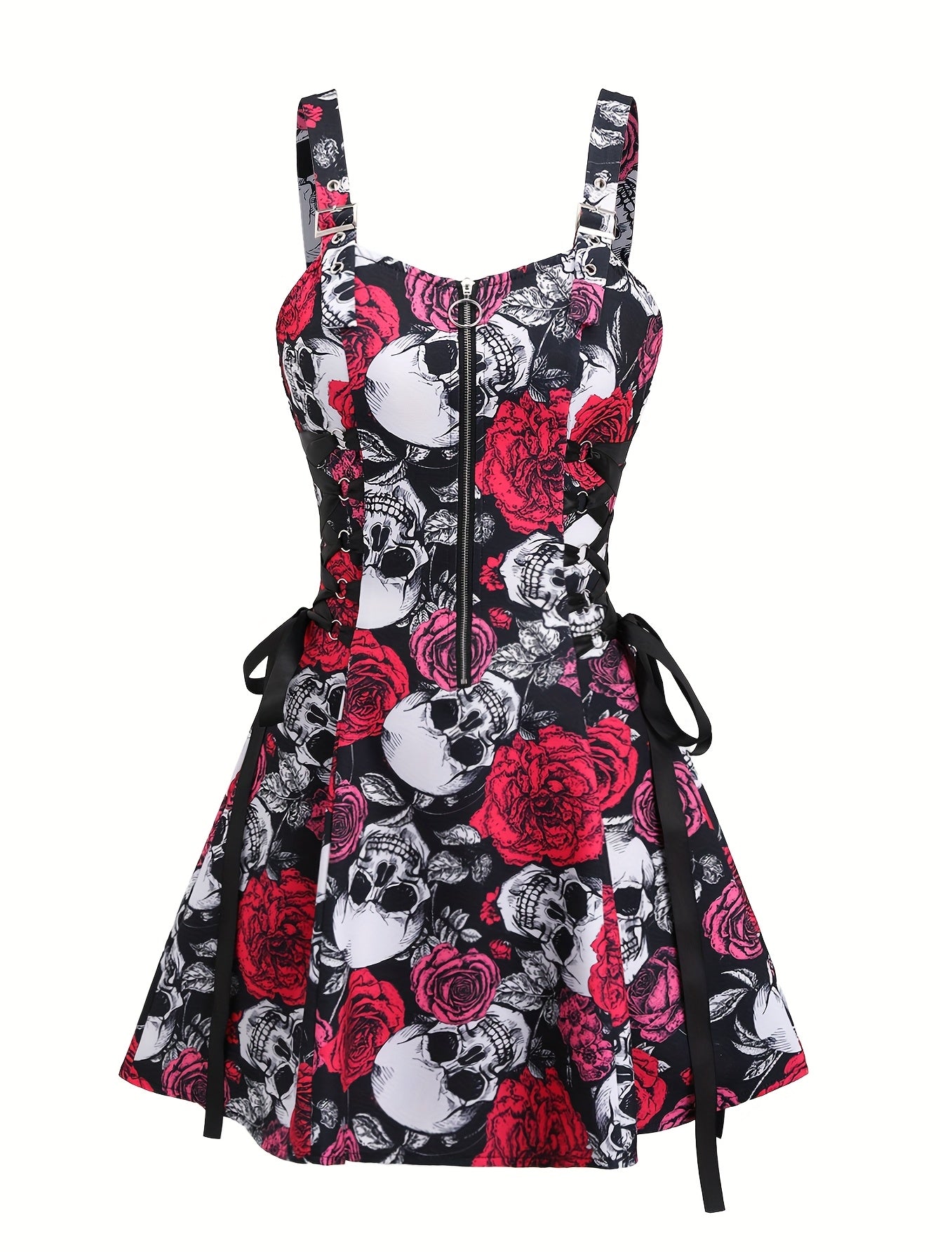 [Rose Skull Print Dress] Women's Off-Shoulder Rose & Skull Print Dress | Casual Short Sleeve Zipper Adjustable Black Straps | Machine Washable All-Season Party & Casual Attire, Nontransparent Fabric