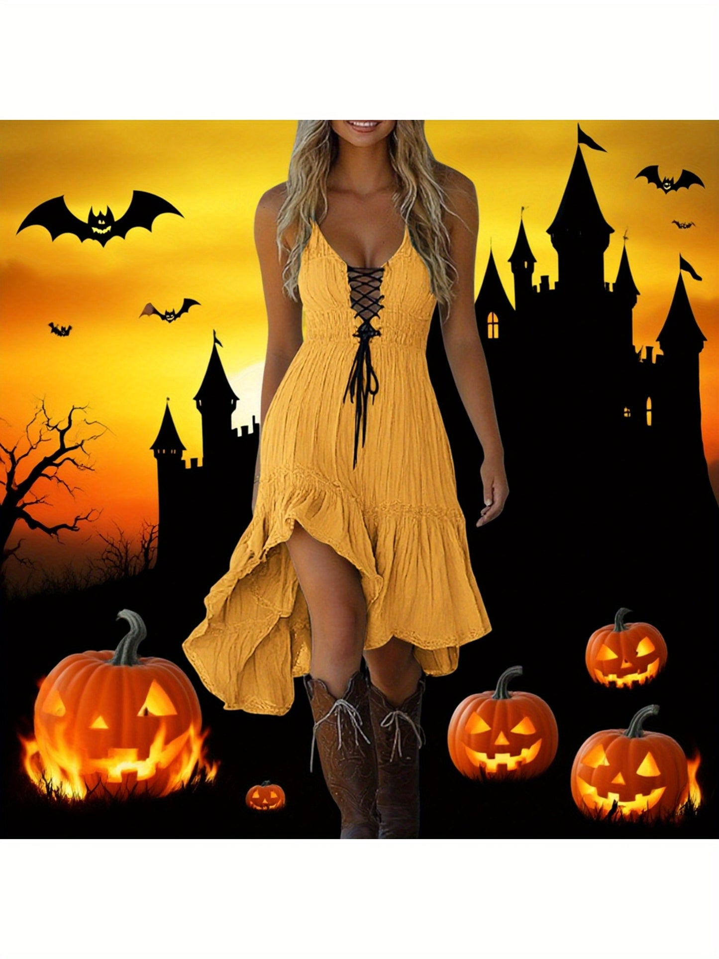 MSGWEEEG Women'S Halloween Dress - Vintage Cowgirl Midi Dress, Mustard Yellow party Outfit, Sleeveless Ruffled Hem, Easy-to-Wear Halloween Costume for Women, Halloween Party Attire, Festive Attire, Western Style, Comfortable