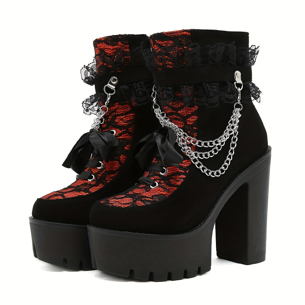 GDGYDH Vintage Gothic Lace Ankle Boots for Women - Chunky Heel, Side Zipper with Chain Detail, Round Toe, All-Season Compatibility, Black & Red Gradient