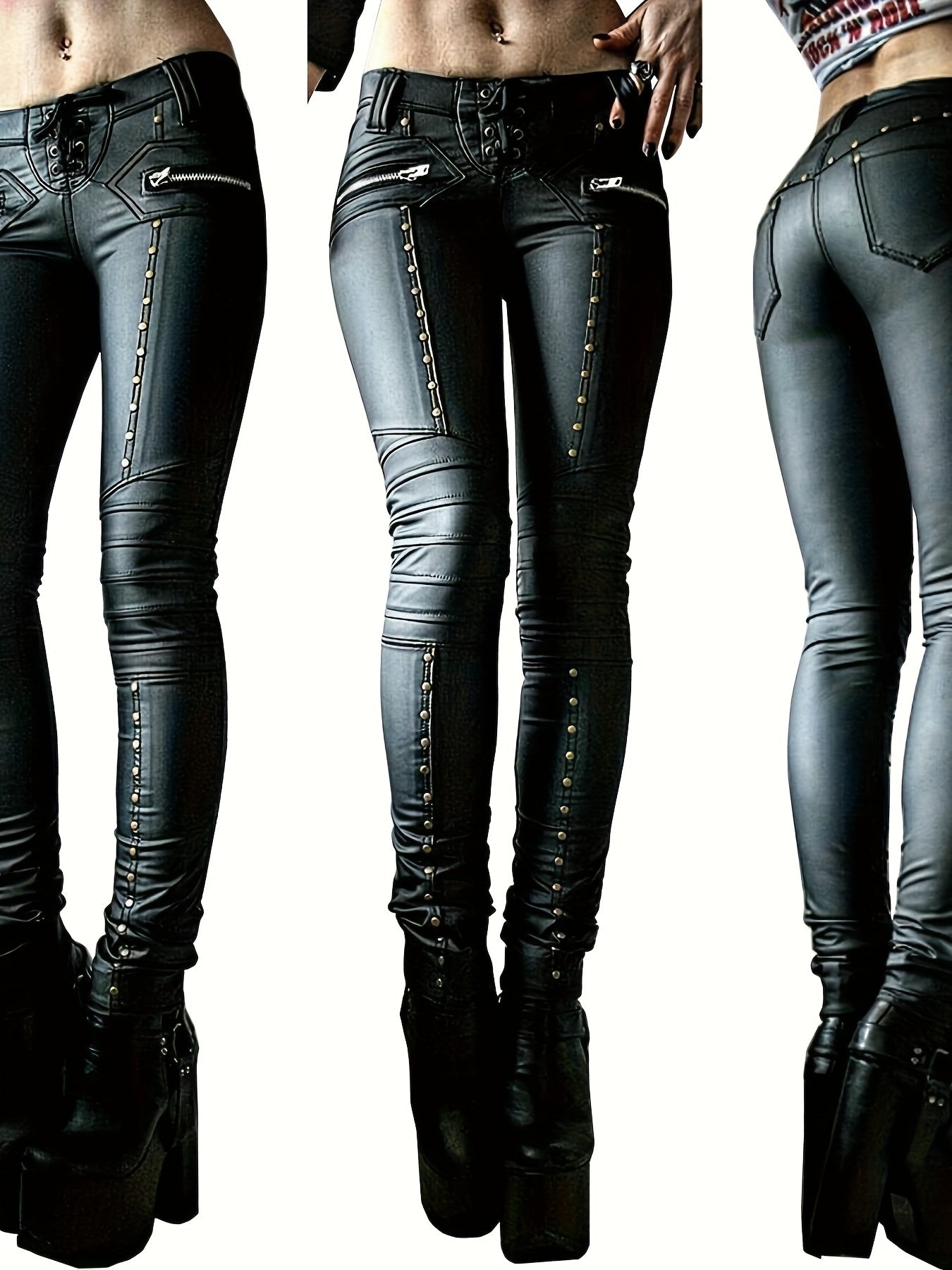Women's Gothic Punk Skinny Leggings - High-Waisted PU Motorcycle Trousers with Lace-Up Details, Rock Club Style, Black, Stretchy & Comfortable Fit for Spring/Fall