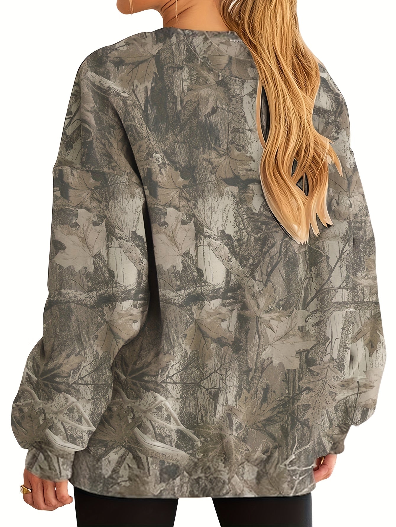 Women'S Oversized Camo Sweatshirt - Long Sleeve, Loose Fit, Green & Black Leaf Pattern, Casual Pullover with Ribbed Cuffs, All-Season Comfort, Casual Wear | Relaxed Fit Top | Construction, Sweater Hoodie