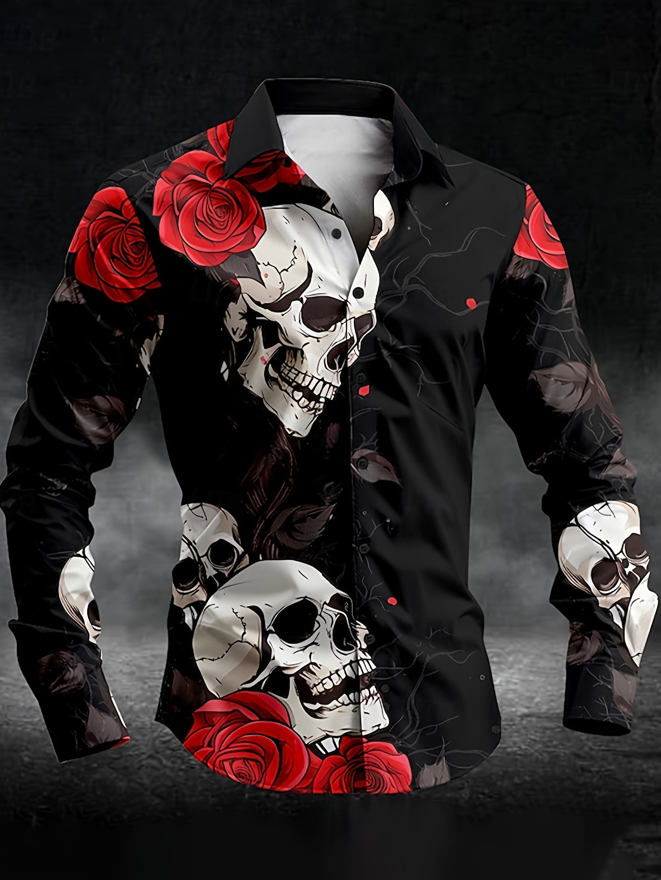 Men'S Gothic Skull & Rose Print Long Sleeve Shirt - Black with White & Blue Gothic Design, Pointed Collar Button Front, Machine Washable All-Season Casual & Formal Wear, Bold Statement Shirt for Themed Events, Parties, Everyd