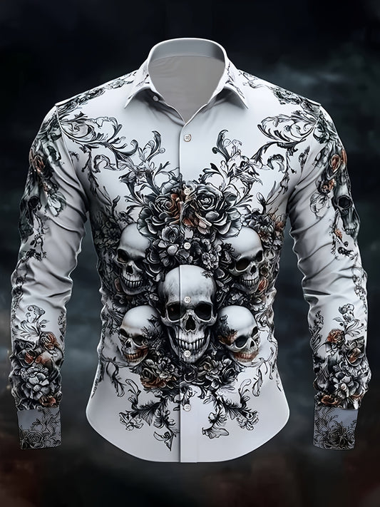 Men's Gothic Skull & Bat Wing Print Long Sleeve Shirt - Dark Blue & Black Gothic Style with White Collar & Button Front Closure, Machine Washable Durable Fabric for Halloween, Themed Parties & Casual Attire - Adult Men's Form