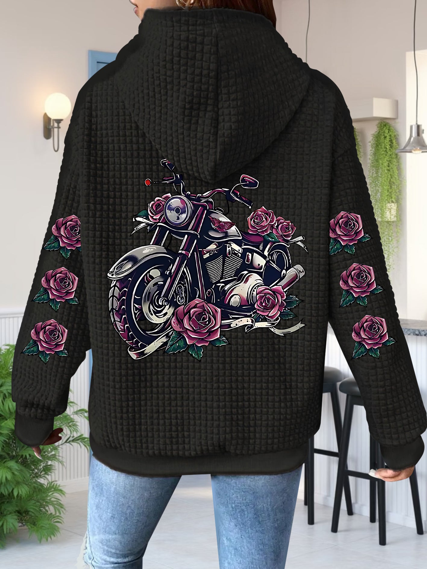 [Floral Motorcycle Hoodie] Polyester Women's Motorcycle & Rose Graphic Zip-Up Hoodie - Black with Pink Floral Accents, Full-Zip Closure Hooded Sweatshirt, Machine Washable Pullover for Everyday & Themed Events, Motorcycle Gea