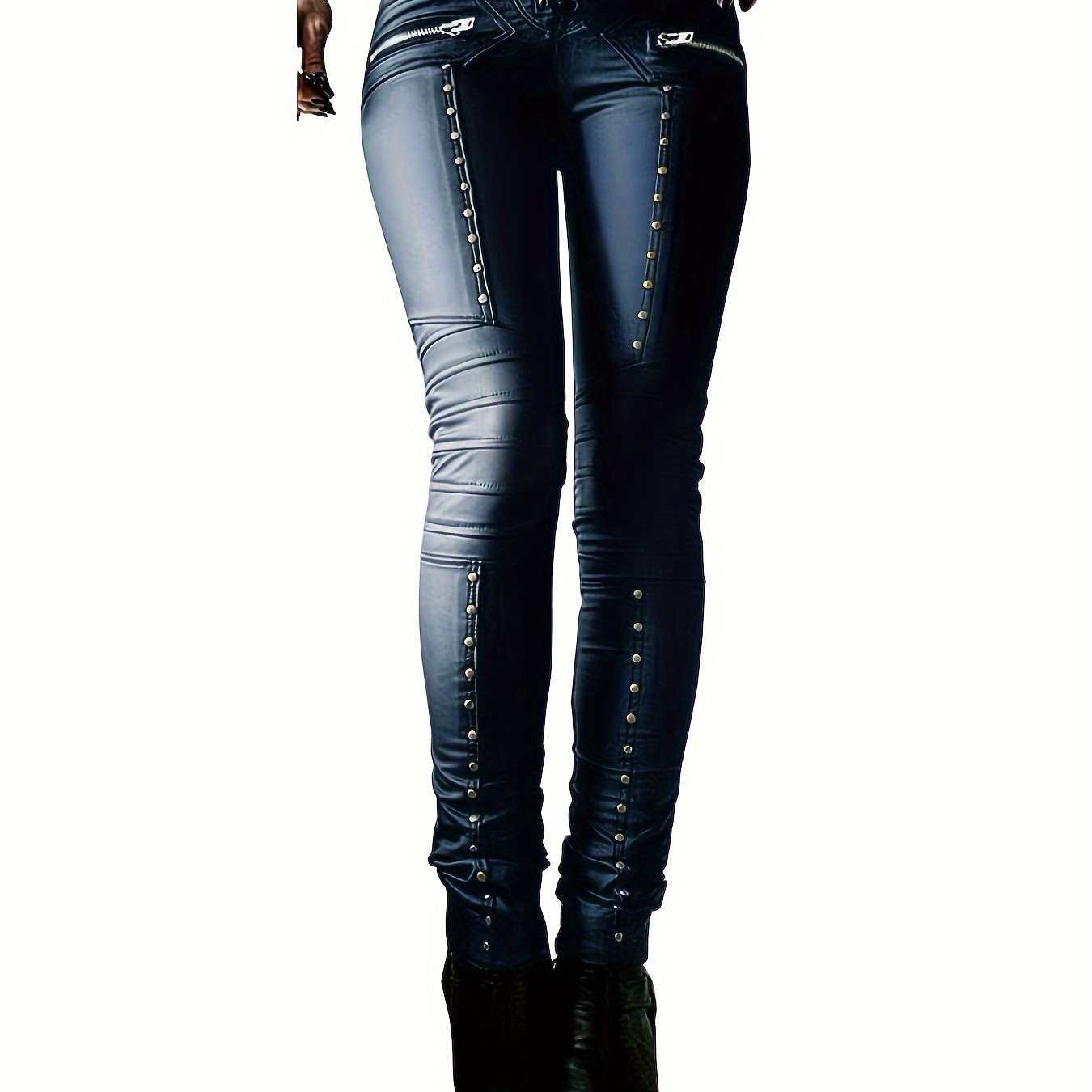 Women's Gothic Punk Skinny Leggings - High-Waisted PU Motorcycle Trousers with Lace-Up Details, Rock Club Style, Black, Stretchy & Comfortable Fit for Spring/Fall