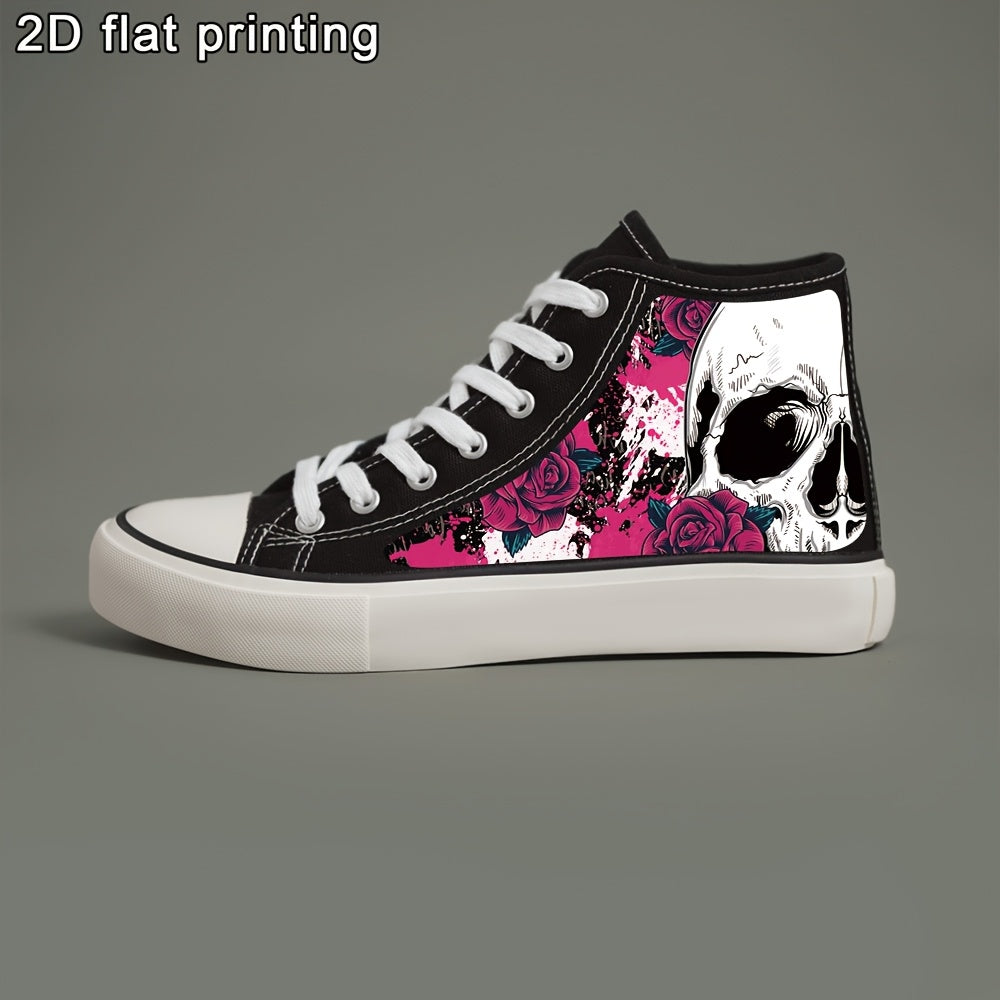 Women'S Black & White High-Top Sneakers with Skull & Roses Design - Lace-Up Casual Shoes, Round Toe, Durable PVC Sole, All-Season Comfort for Casual Attire, Casual Footwear | Cartoon Pattern Shoes | Fabric Lined Interior