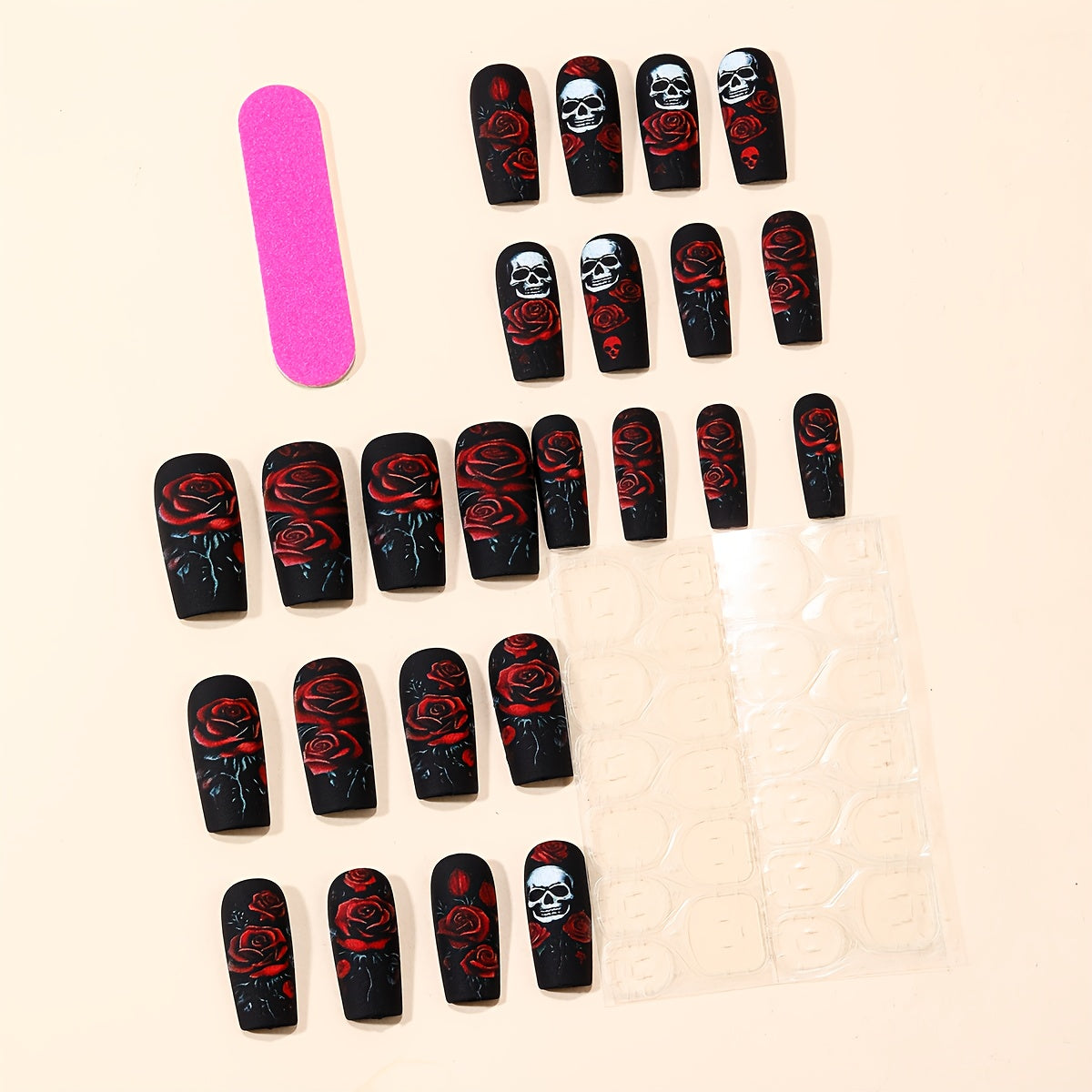 [24pcs Halloween Press On Nails] 24pcs Halloween Press On Nails | Medium-Length Square Matte Dark Rose Skull Pattern | Full Coverage Reusable False Nail Set for Women's Holiday Party Nail Art Decoration