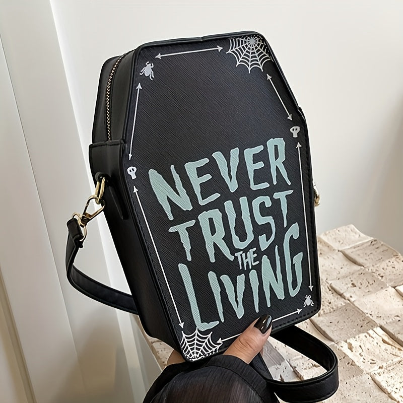Perfect Halloween Coffin Bag • "Never Trust the Living" Design • Adjustable Strap • Zipper Closure • Polyester Lining • Dry Clean Only • Black Crossbody for Women • Halloween Costume Accessory • Trickory Desig