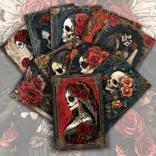 20-Pack ASSTSS Vintage Gothic Victorian Skeleton Bride Postcards - Halloween Decorations, Dia de los Muertos, Wedding Party - with Red Roses & Ornate Frames - 4x6 Inch Scrapbooking, Junk Journals, Spooky Crafts - Collectible