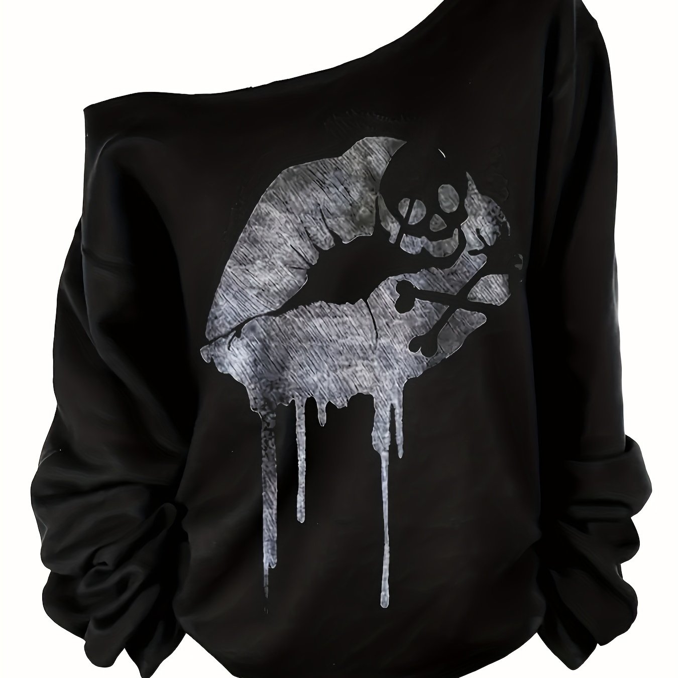 Halloween Skull and Lips Print Long Sleeve T-Shirt for Women - Casual Polyester Knit Fabric, Asymmetrical Shoulder, Regular Fit, Fall/Winter Fashion Top