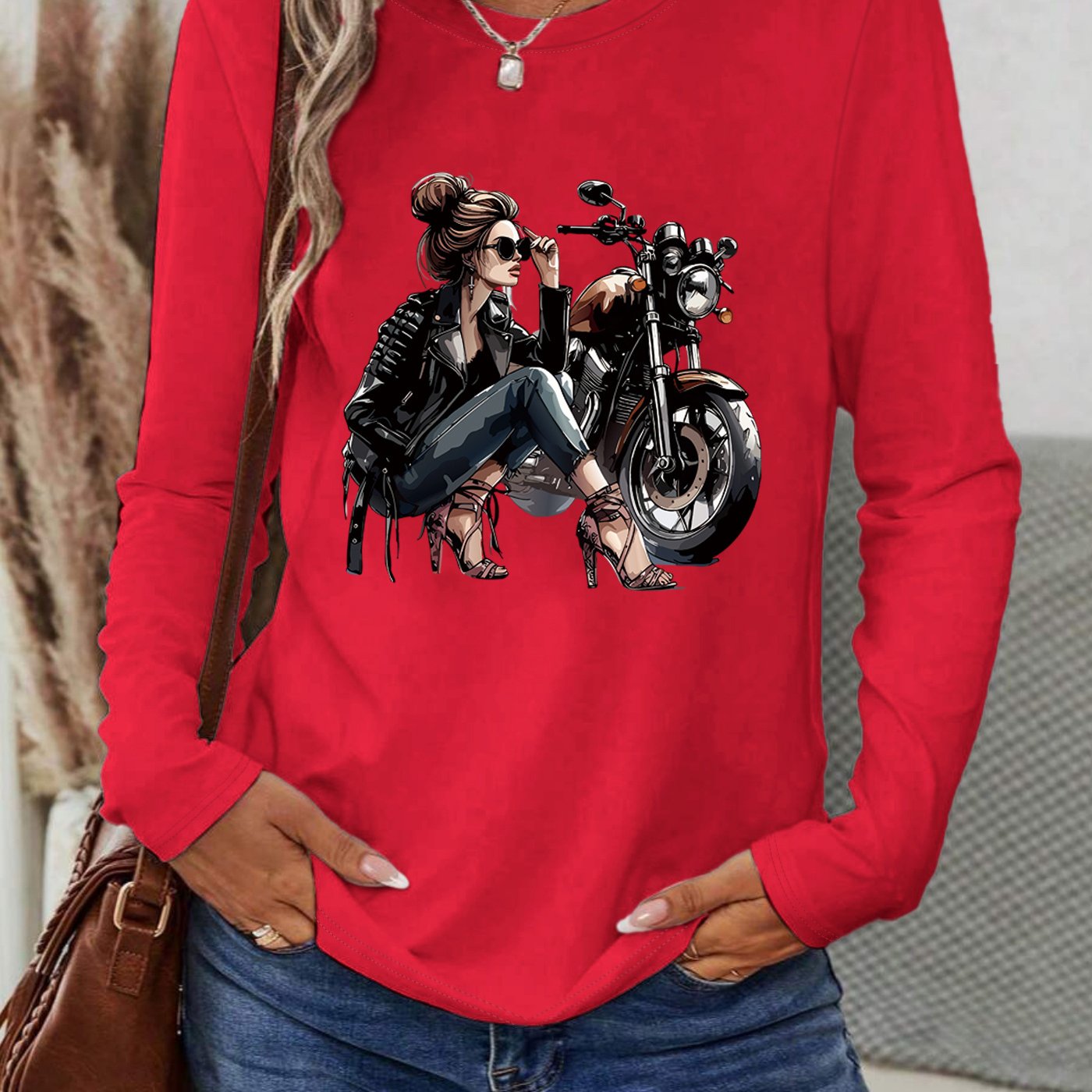 [Vibrant Yellow T-Shirt] Vibrant Yellow Women's Motorcycle Graphic Long Sleeve T-Shirt | Casual Round Neck Spring Summer Top with Geometric Print, Machine Washable, Relaxed Fit, Durable
