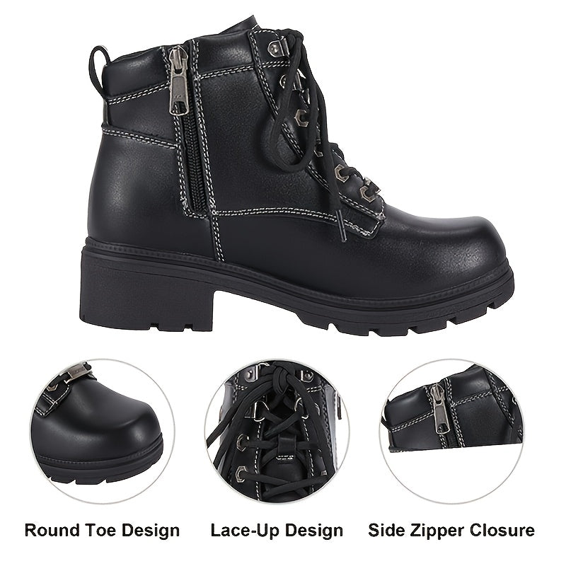 [Womens Low Heel Biker Boots] Black Faux Leather Womens Lace Up Motorcycle Riding Boots | Side Zipper, Ankle Booties, Biker Boots, Combat Boots For Ladies With Low Heel, Non-Slip, Square Toe, For All-Season Riding Shoes
