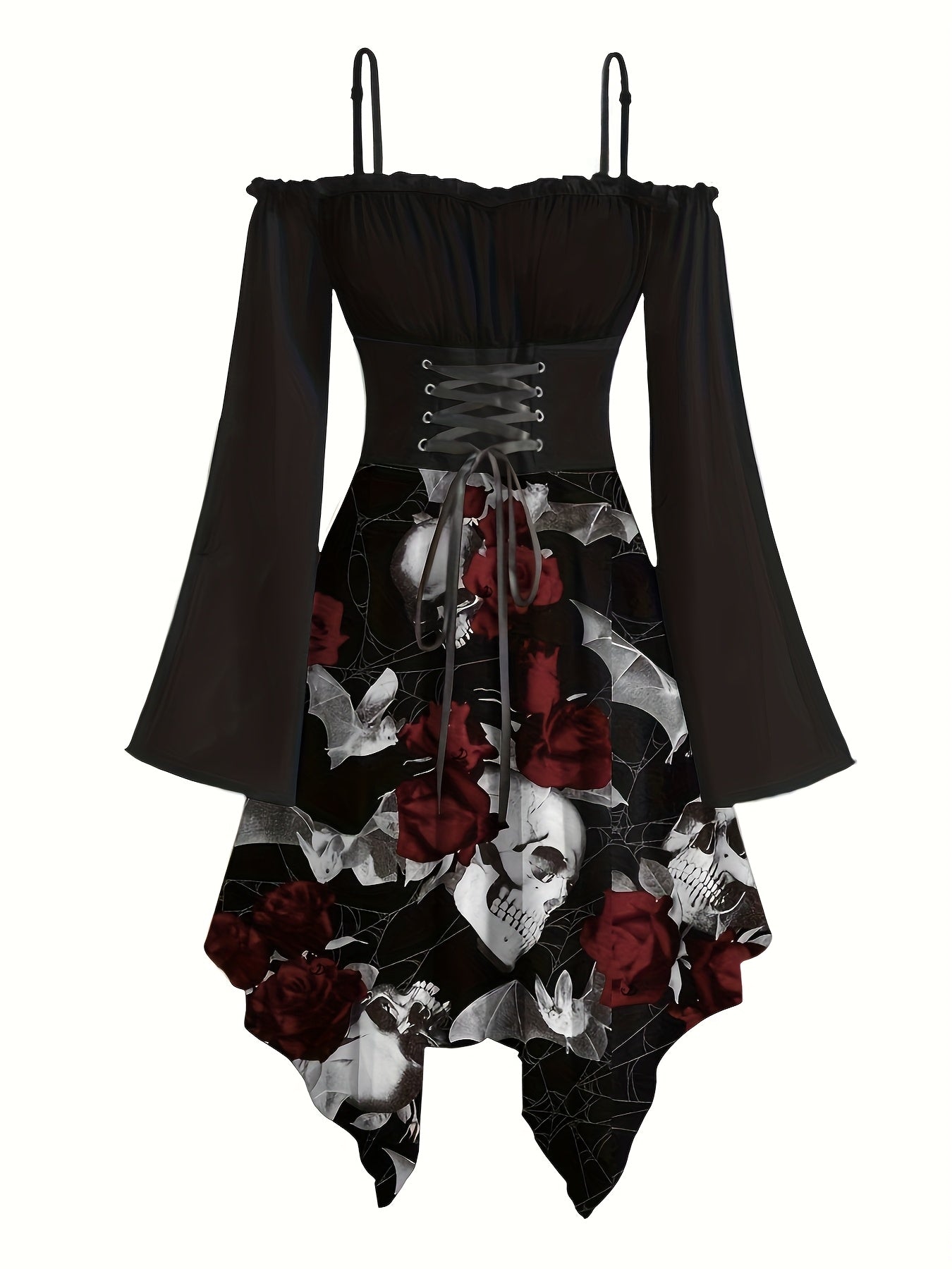 Women's Gothic Victorian-Inspired Sunflower & Skull Print Maxi Dress - Lace-Up Front with Ruffled Off-Shoulder Spaghetti Strap, Asymmetrical Hem & Bell Sleeves, Machine Washable A-Line Silhouette for Halloween, Themed Parties