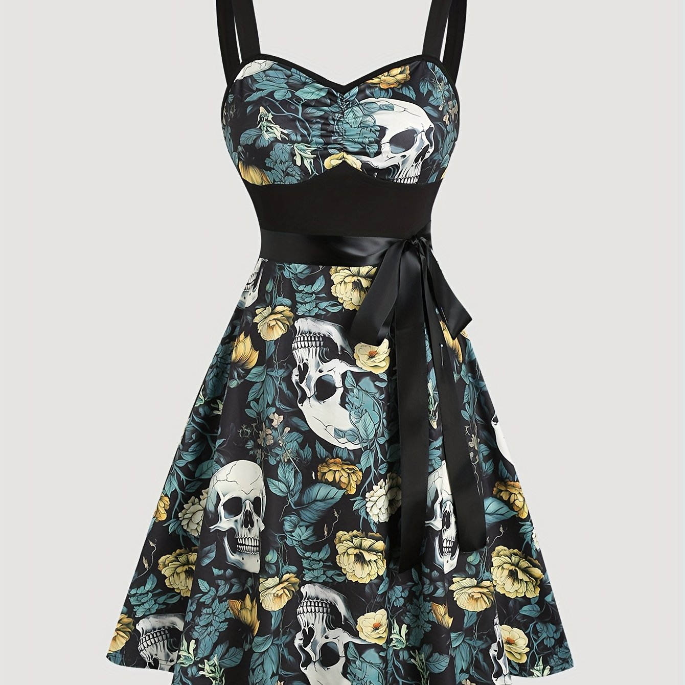 Women'S Floral Skull Print Pleated Bodice Sleeveless Summer Camisole Dress with Belt