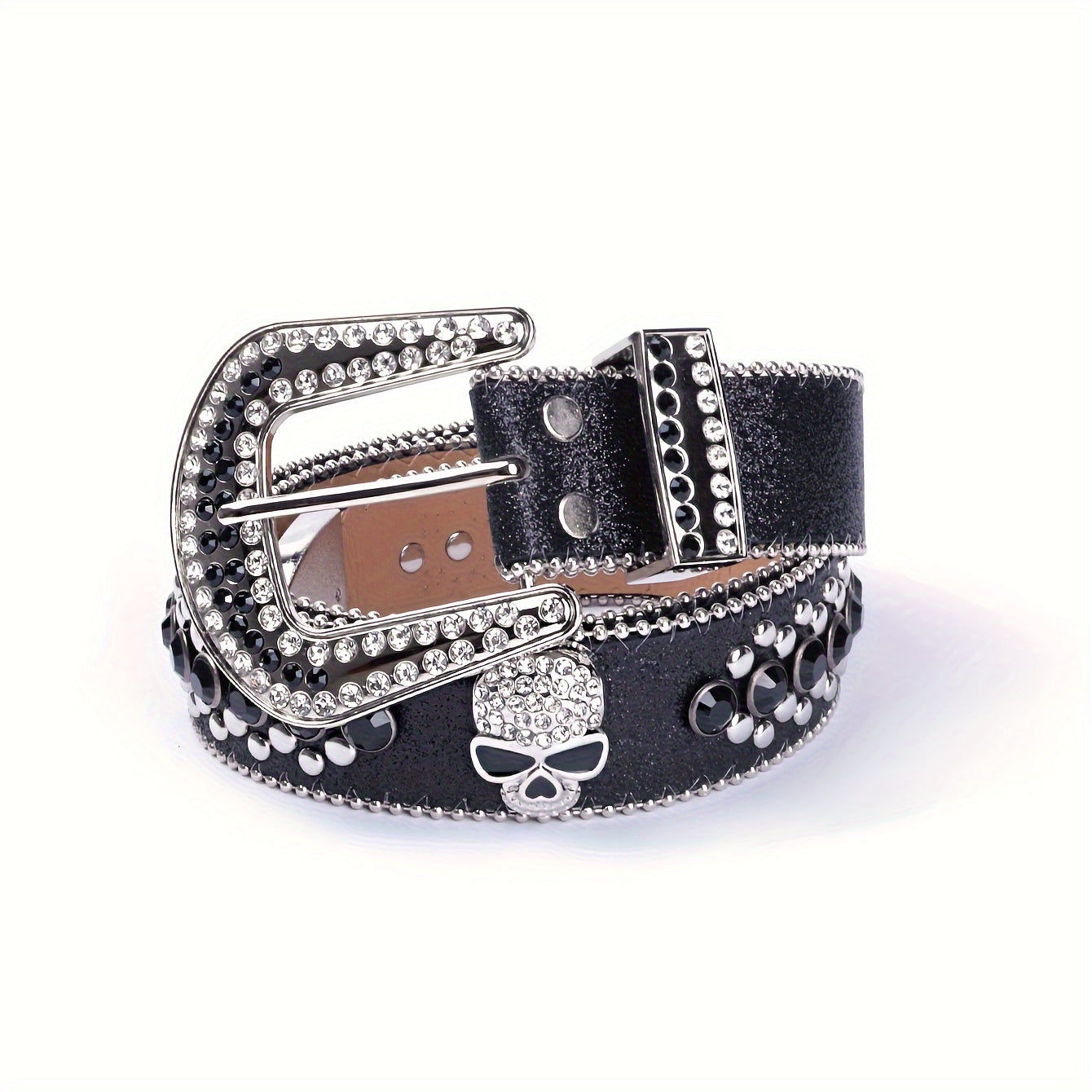 YIQIFEFA Punk Rhinestone & Stud Skull Belt for Women - Sparkling Black PU Western Cowboy Style Belt with Metallic Accents, Casual Outing to Party Accessory, Evening Accessory, Edgy Fashion Accessory, Stylish Craftsmanship, Al