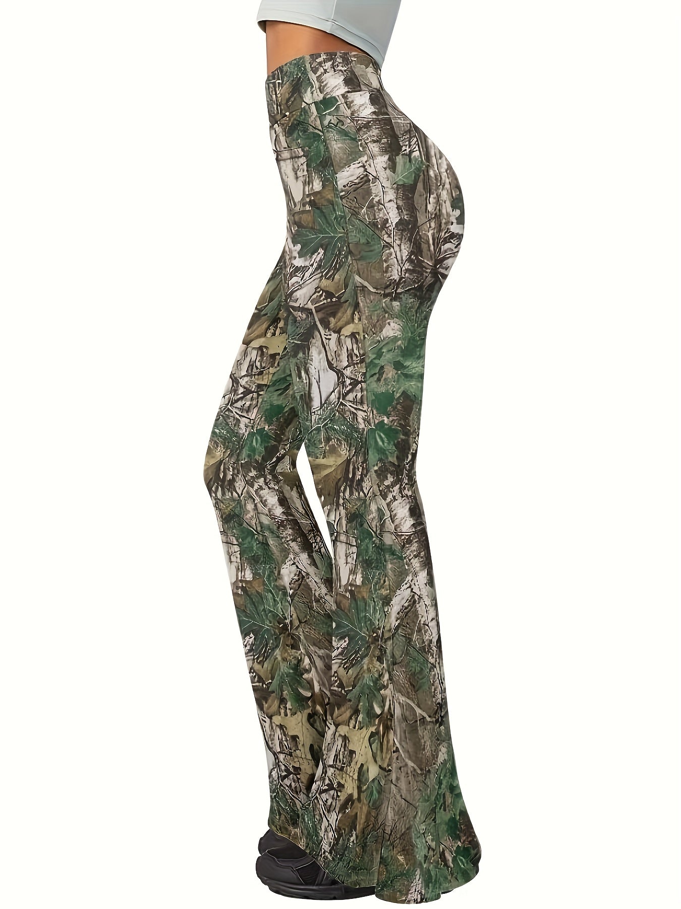 Women'S Elegant Jungle Camouflage Flare Leg Pants, 100% Polyester Knit Fabric, Medium Stretch, All-Season, 200g/m² Weight, Random Print Design
