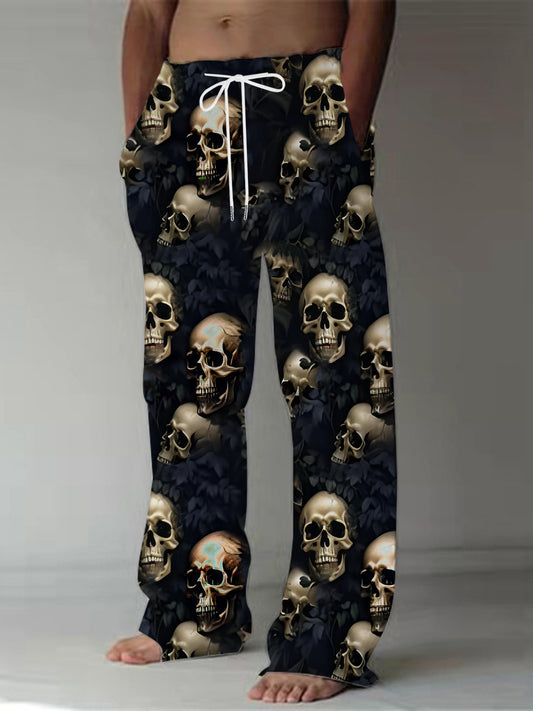 [Skull Print Joggers] Black Golden Skulls Men's Loose Fit Joggers | Comfortable Retro Style, Straight Leg, Drawstring Waist, Casual, Fall & Winter Comfort Wear
