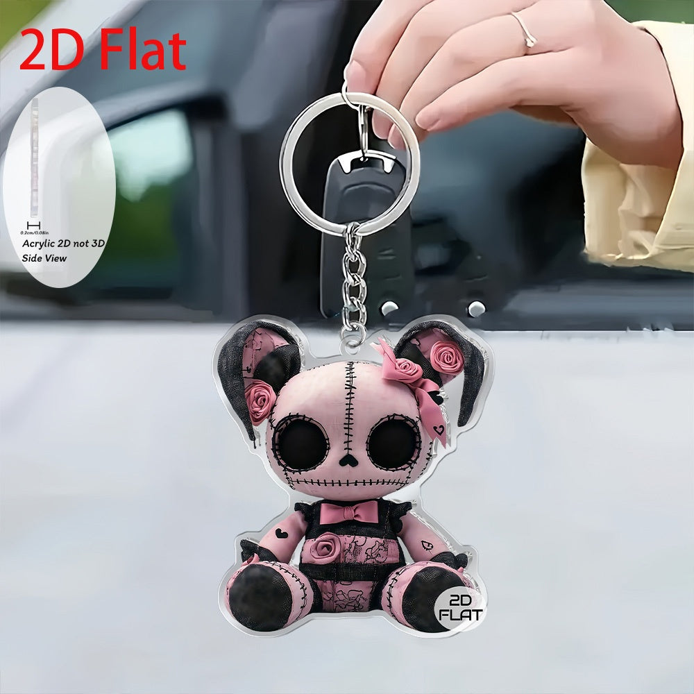 2D Flat, 1pc Gothic Plush Bear Keychain - Pink & Black Gothic Charm with White Eyes, Nose & Mouth - Cute Bag Accessory, Birthday/Valentine's Gift for Girls, Women, Kawaii Collectors - Soft Plush Pendant with Black & White Str