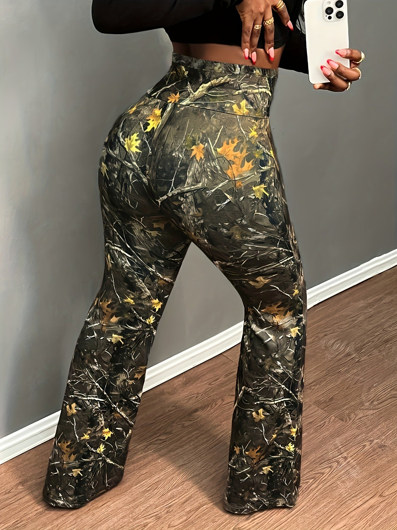 Women'S Plus Size Camouflage Print Skinny Pants, 100% Polyester Knit Fabric, Casual All-Over Print, Slight Stretch, 200g/m², All-Season Fashion