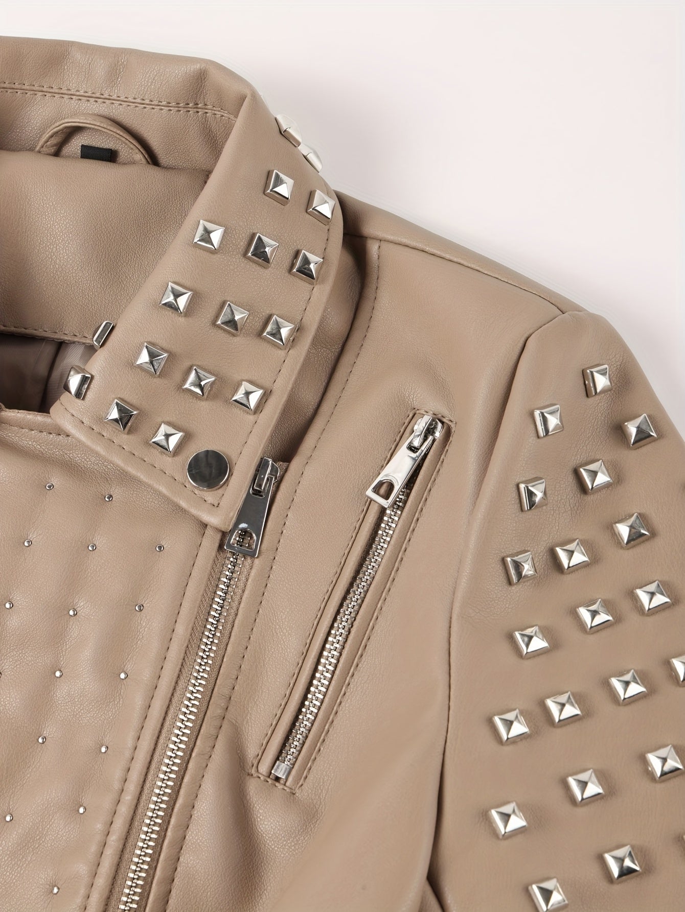Women'S Simple Versatile Faux Leather Square Nail Style Motorcycle Jacket Coat with Belt, Faux Leather, Polyester 92.00%, Viscose 8.00%, Solid Color, Casual Biker Style, Woven, 60g/㎡ Lining Weight