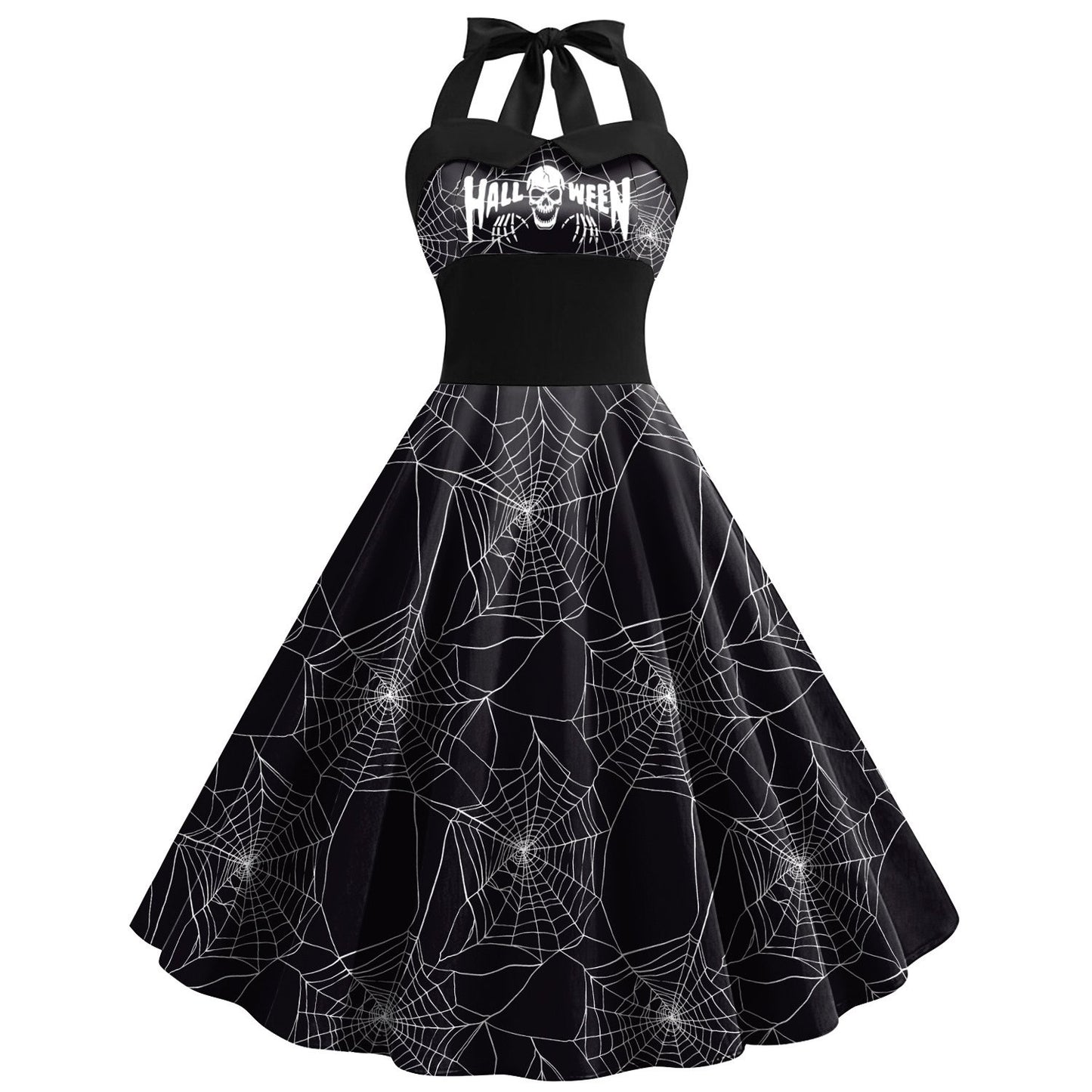 Women'S Retro Gothic Halloween Dress with Skull & Spider Web Print - Asymmetrical Short Sleeve High Waist Party Costume, & Orange Sleeveless Outfit with Shoulder Straps & Ruffled Hem for Themed Events, Year-Round Wear (Adult