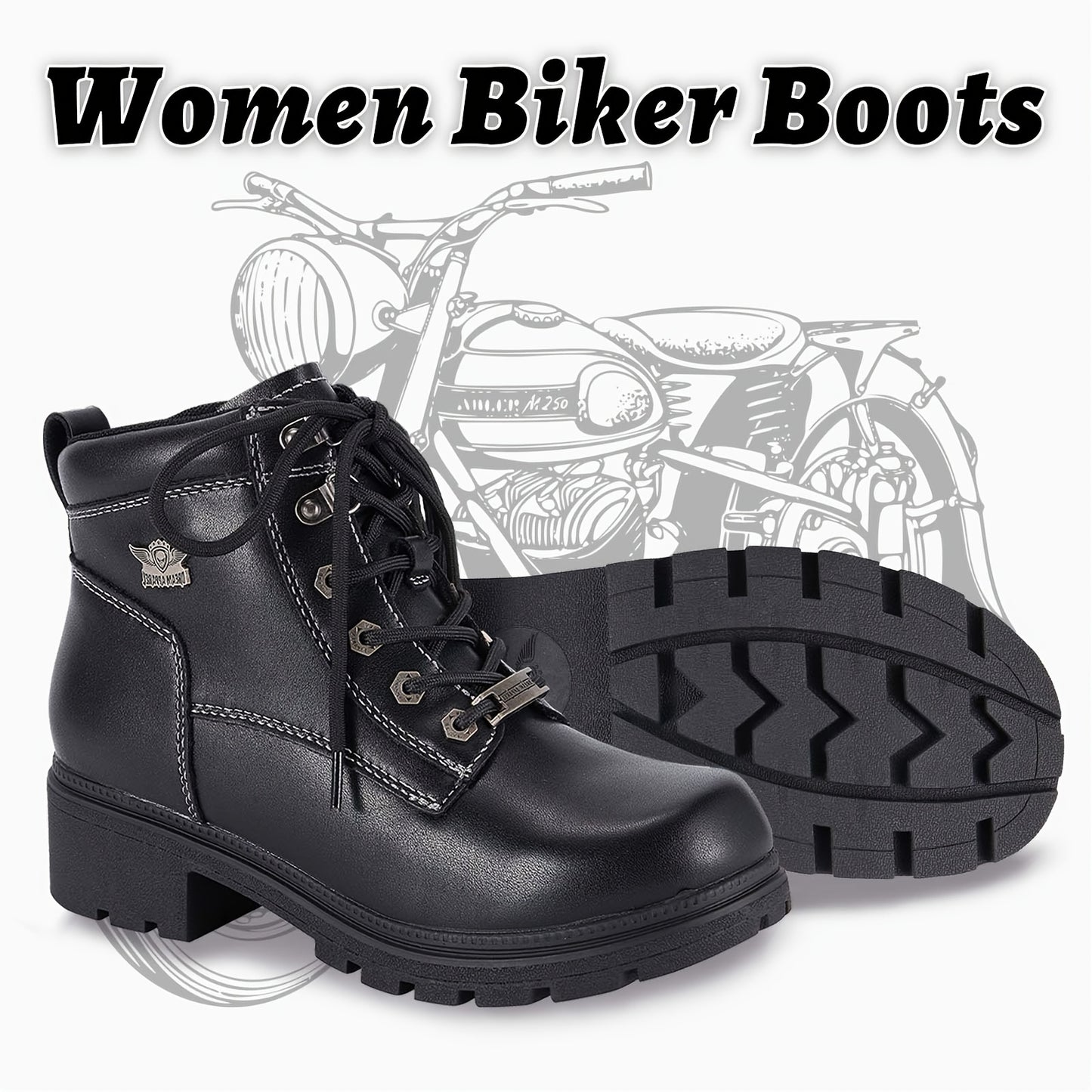 [Womens Low Heel Biker Boots] Black Faux Leather Womens Lace Up Motorcycle Riding Boots | Side Zipper, Ankle Booties, Biker Boots, Combat Boots For Ladies With Low Heel, Non-Slip, Square Toe, For All-Season Riding Shoes