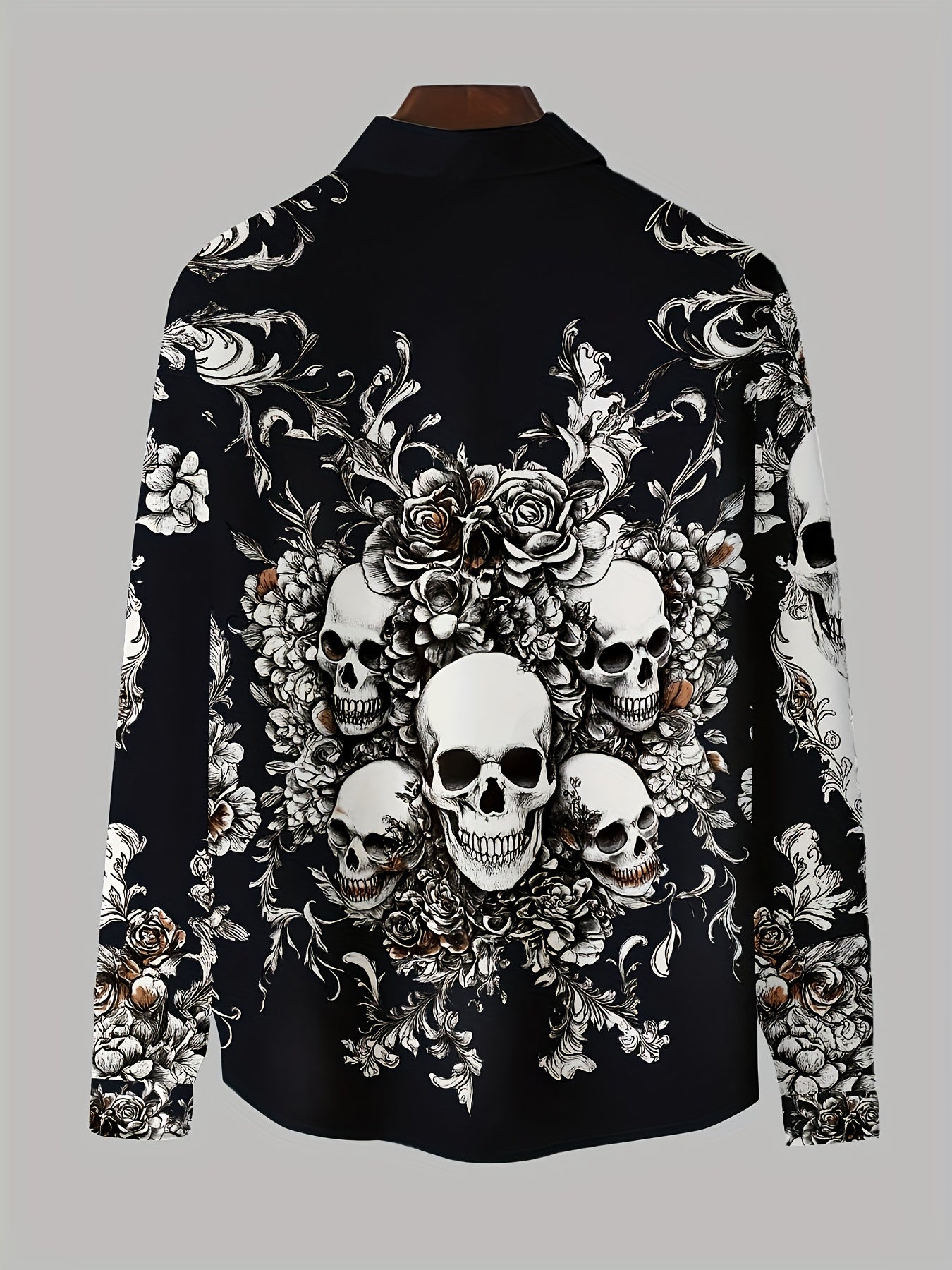 Men's Gothic Skull & Bat Wing Print Long Sleeve Shirt - Dark Blue & Black Gothic Style with White Collar & Button Front Closure, Machine Washable Durable Fabric for Halloween, Themed Parties & Casual Attire - Adult Men's Form