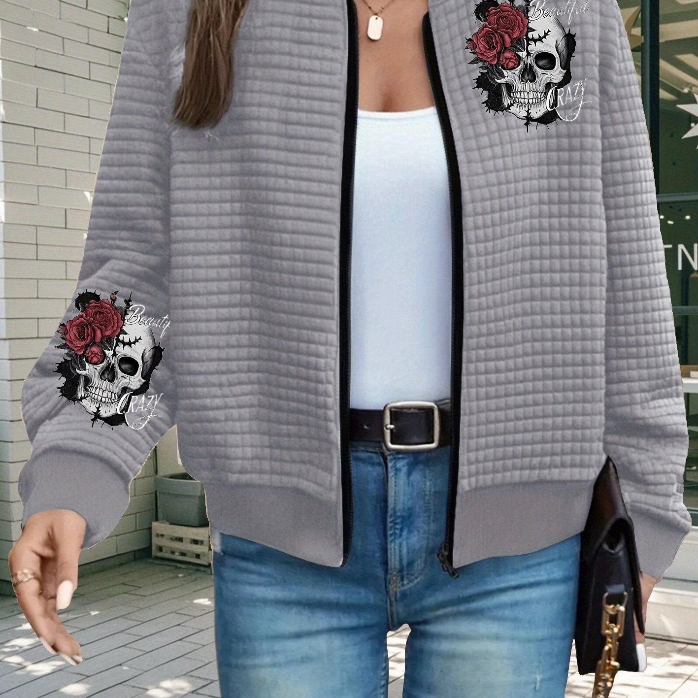 Women'S Gothic Chic Jacket - Black with Rose Skull Print, Baseball Collar Zip-Up Coat, Machine Washable Polyester Jacket for Everyday & Halloween Outfits - Edgy Outerwear, Halloween Clothes, Allseason Wear, Waffle Texture, Du