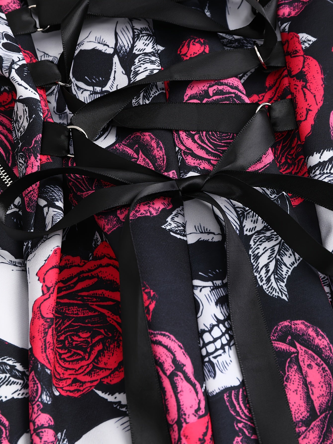 [Rose Skull Print Dress] Women's Off-Shoulder Rose & Skull Print Dress | Casual Short Sleeve Zipper Adjustable Black Straps | Machine Washable All-Season Party & Casual Attire, Nontransparent Fabric