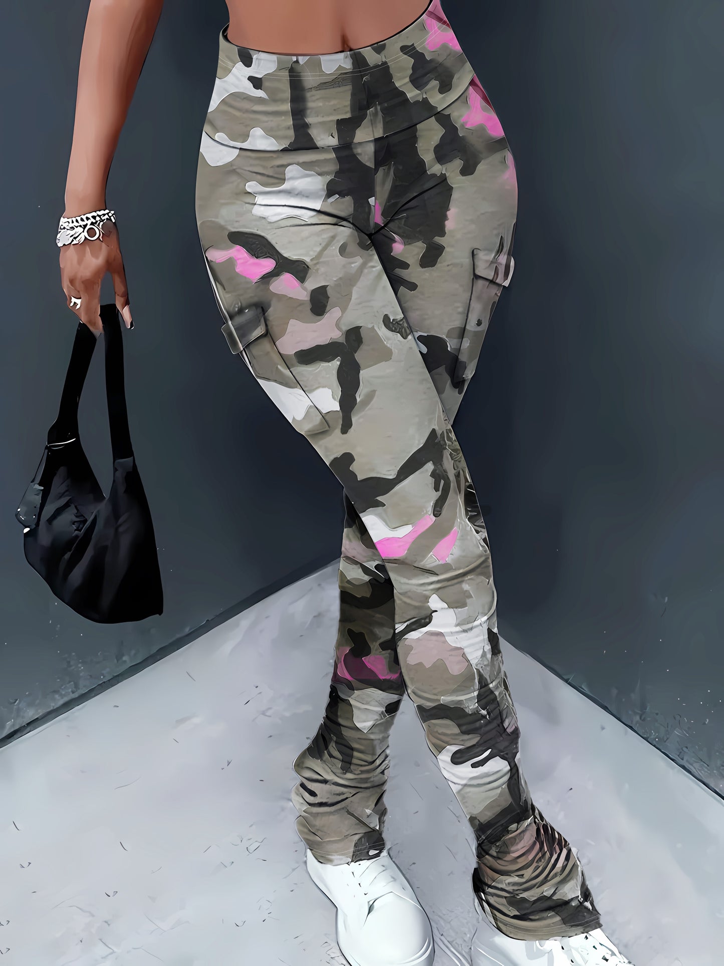 Elegant Camo Print High-Waist Leggings with Side Pockets for Women - Stretchy & Comfortable, Perfect for Spring/Summer/Fall